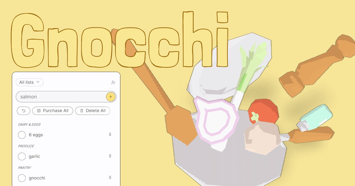 The title card for Gnocchi.club, my groceries app. It shows a pan with various ingredients in it, and a screenshot of the grocery list page in the app.